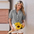 thumbnail image 2 of Gingham Shirt Women Short Puff Sleeve Ruffle V Neck Button Down Shirts for Women Summer Tops Fashion Business Casual Preppy Tops Black S, 2 of 8