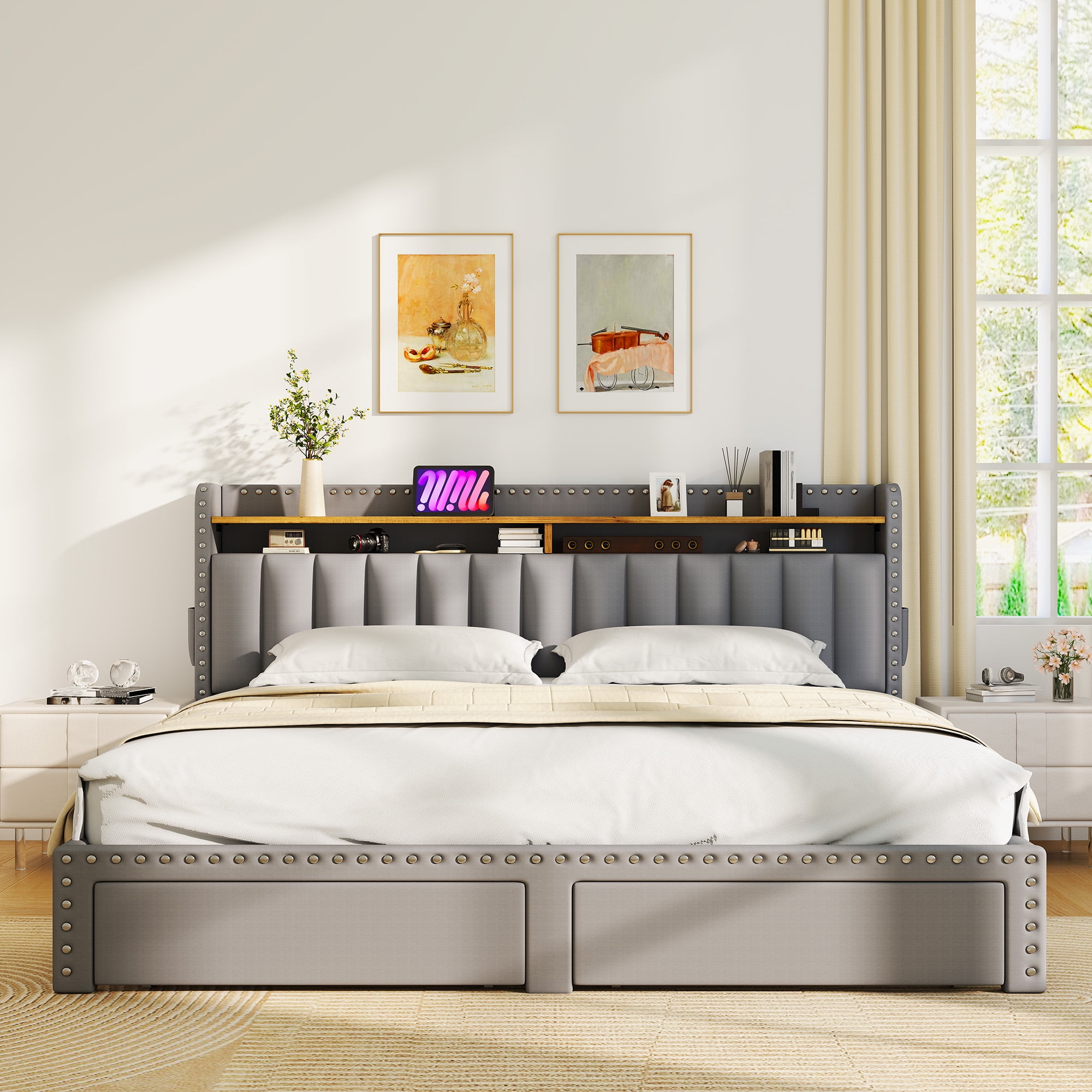 Romorgniz King Size Bed Frame with 2 Storage Drawers and 2-Tier Storage Shelf Upholstered Bed Frame with Headboard Platform Bed Frame Noise-Free No Box Spring Needed,Grey
