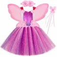 thumbnail image 3 of Vestido de hada con tutú brillante para niñas, disfraz con alas, vestido de princesa de hada con flores de tul rosa y morado, vestido de fiesta de cumpleaños para niños, 3 of 5