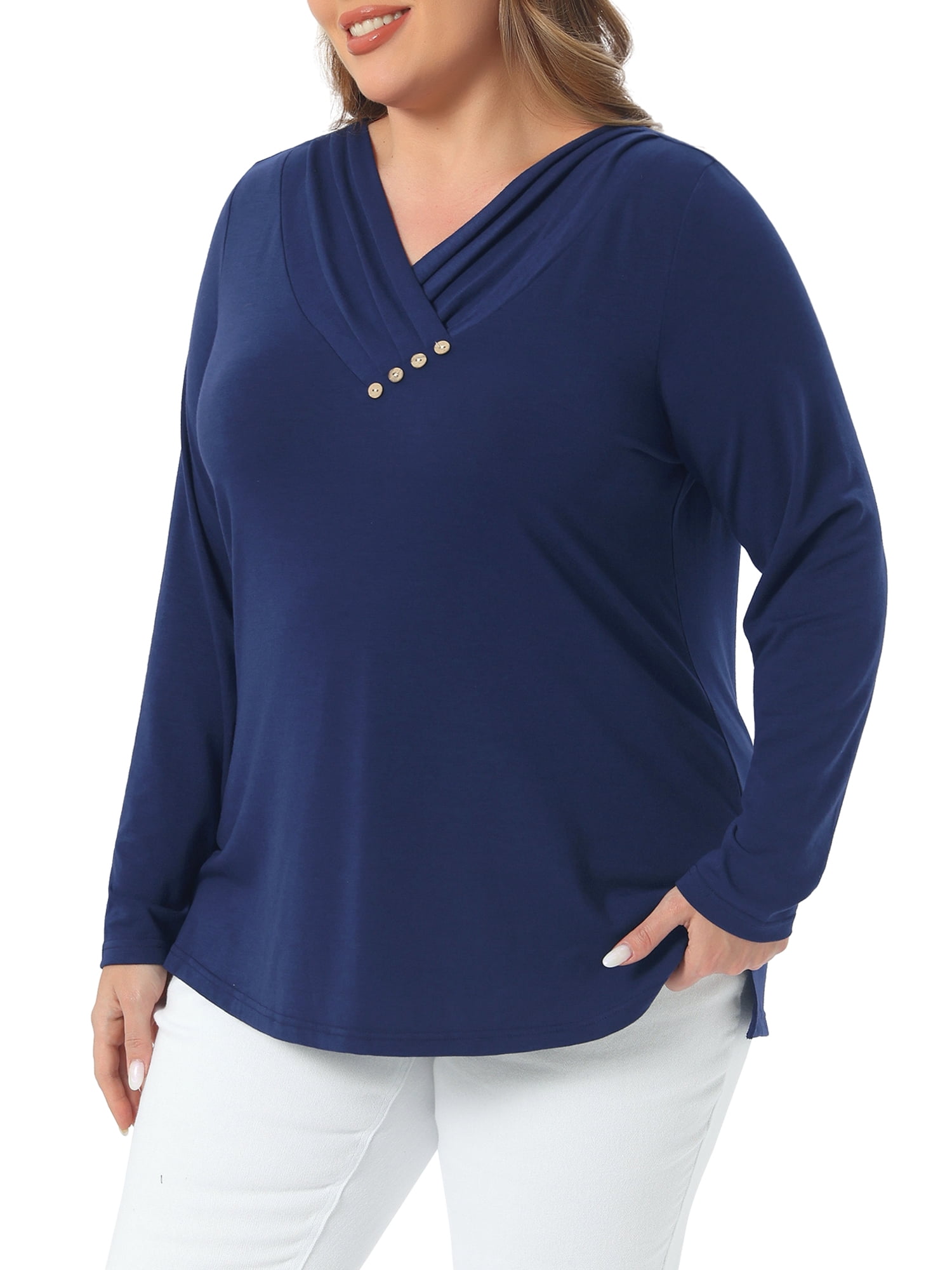 DARING DIVA Women's Plus V Neck Button Fall Pullover Shirt Loose Blouse 1X Dark Blue