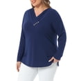 thumbnail image 2 of DARING DIVA Women's Plus V Neck Button Fall Pullover Shirt Loose Blouse 1X Dark Blue, 2 of 6