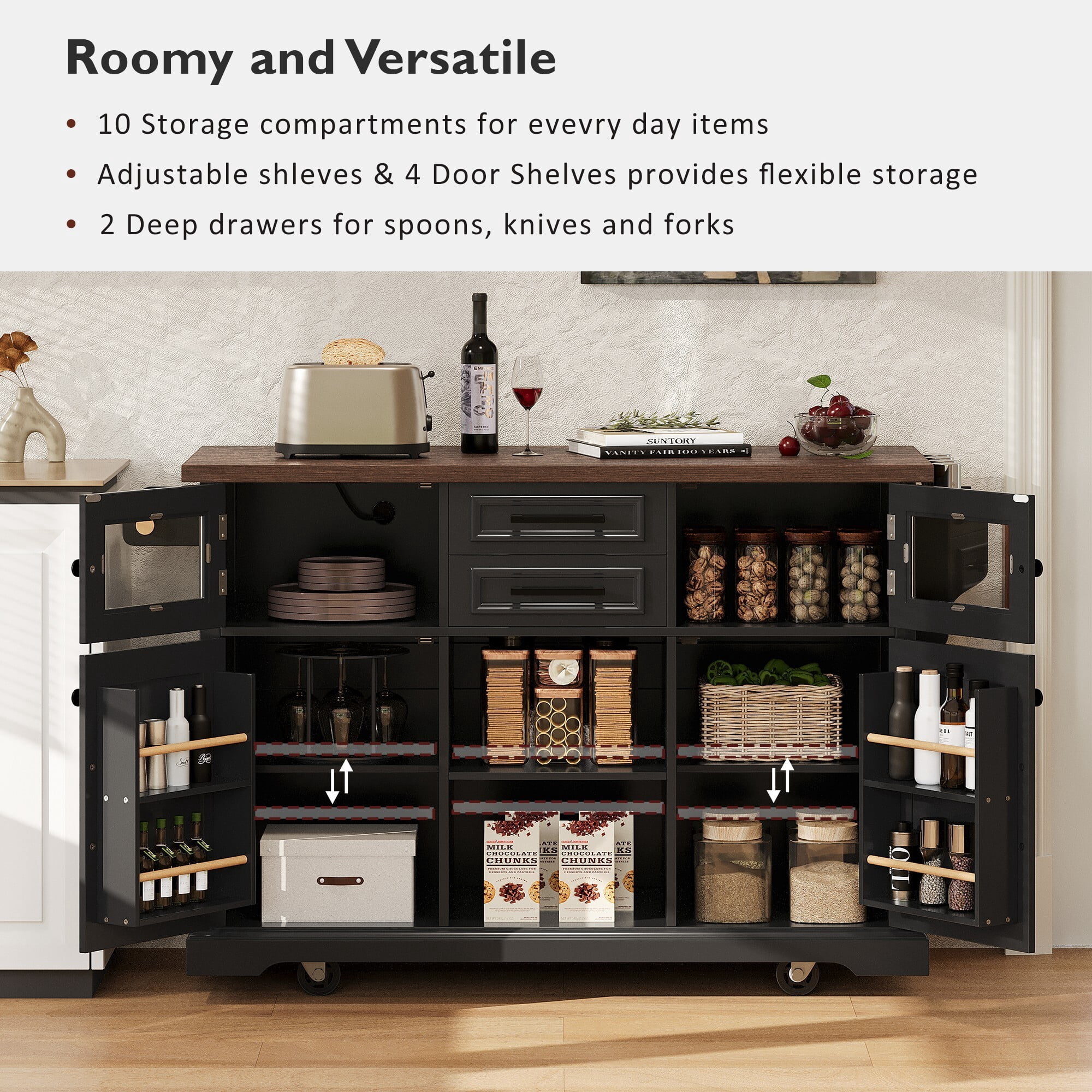 AENKYO 54.9'' Farmhouse Kitchen Island Cart with Drop Leaf, Charging Station, Adjustable Shelves, and Lockable Wheels, Black