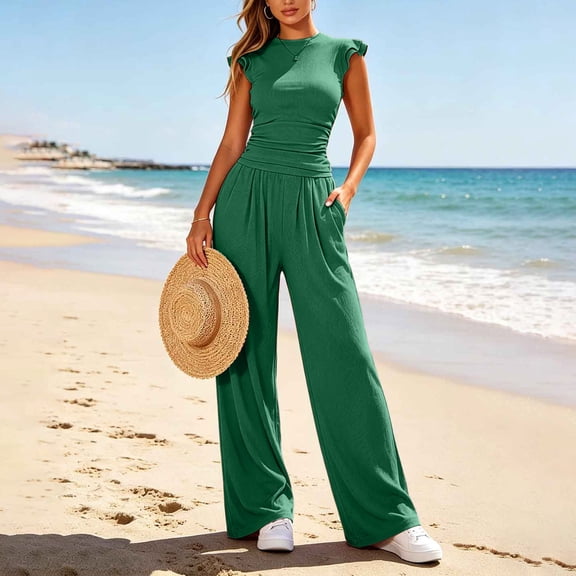 BRELIL Women Two Piece Sets Casual Round Neck Sleeveless T-Shirt Wide Leg Pants Summer Lounge Matching Outfits Solid Basic Tracksuit Vacation Travel, Green S