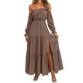 thumbnail image 2 of Dolkfu Long Sleeve Women'S Dresses Brown Pull-on Refined Boat Neck Sundress Solid Maxi Retro Vintage Relaxed Fit Dresses Coffee,L, 2 of 6