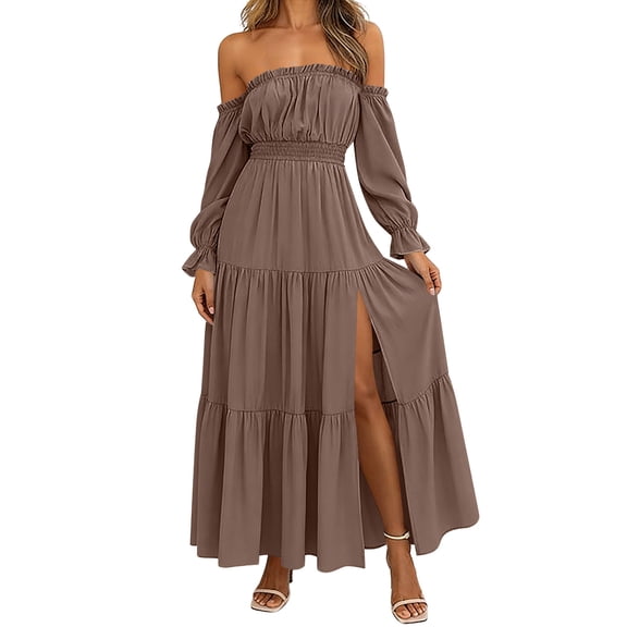 Ahabrexf Off-the-Shoulder Long Sleeve Solid Mini Dress for Women Summer Casual Party