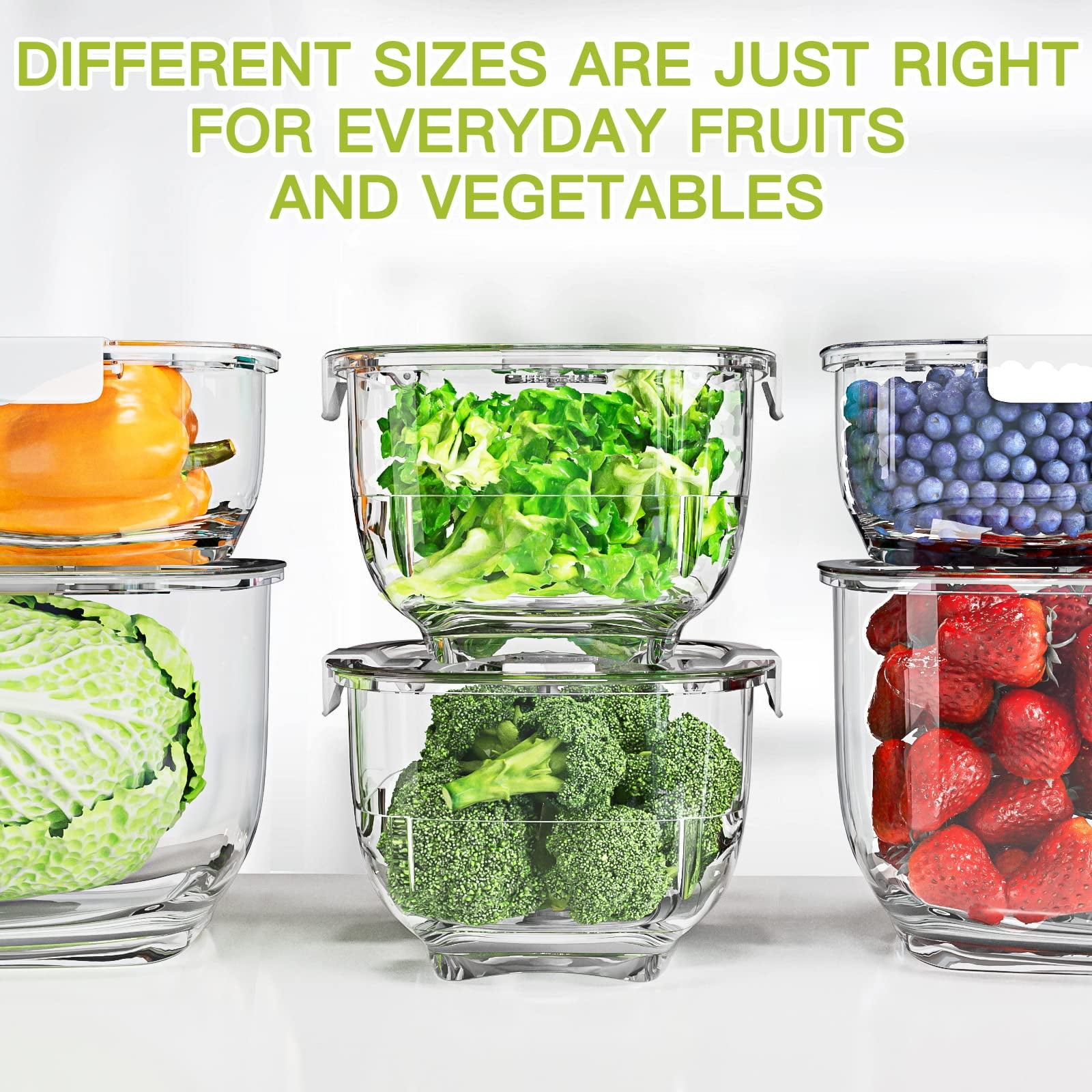 USIONE 3-Piece Fresh Produce Storage Containers - Partitioned Fridge Organizers for Fruits & Vegetables, White
