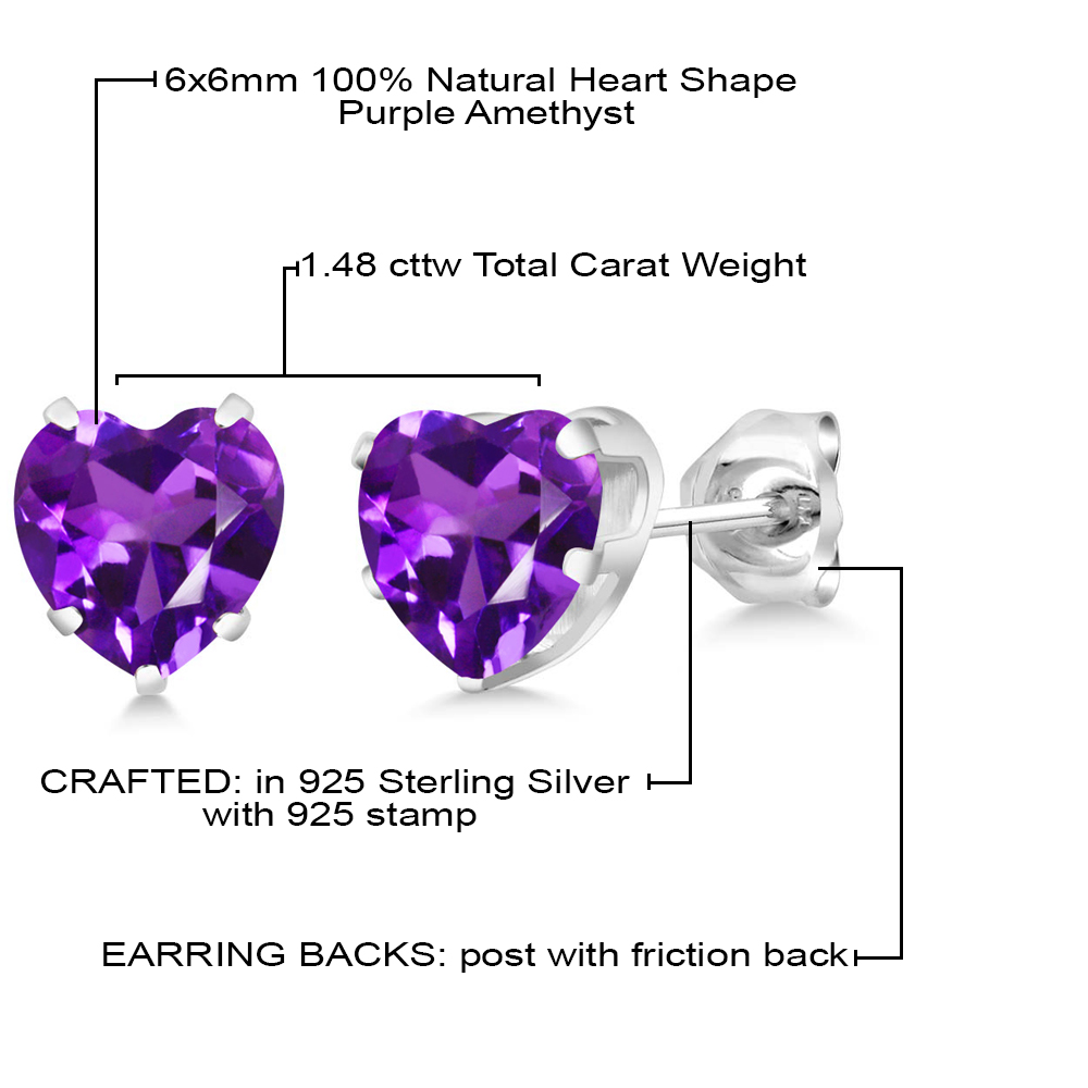 Gem Stone King 925 Sterling Silver Purple Amethyst Stud Earrings for Women Men (1.48 Cttw, Gemstone Birthstone, Heart Shape 6MM)