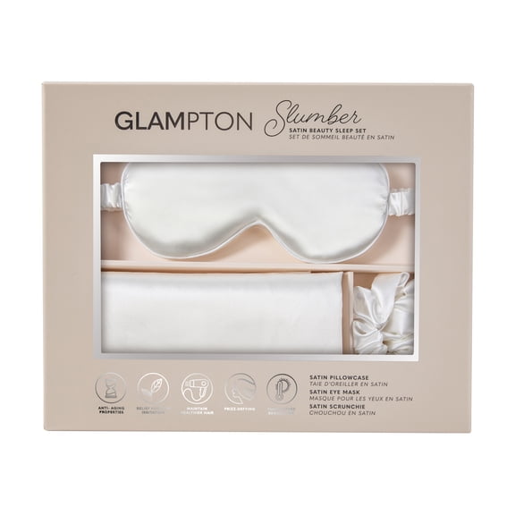 Glampton Slumber Satin Beauty Sleep Set, White, 3-Piece Set with Pillowcase, Eye Mask, and Scrunchie