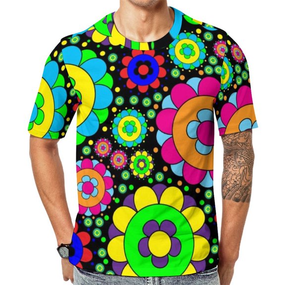 T Shirt For Men Flower Power Vintage 60s 70s Hippie Print Vintage Short Sleeve Casual Tshirt Hot Ori