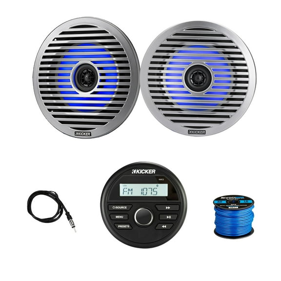 Kicker 46KMC2 Marine Gauge Style USB Bluetooth AM/FM Media Center Receiver, 2x 6.5" 130 Watt Peak Thin-Mount Multicolor LED Boat Audio Speakers with 2x White Grilles, 2x Silver Grilles, Wire, Antenna
