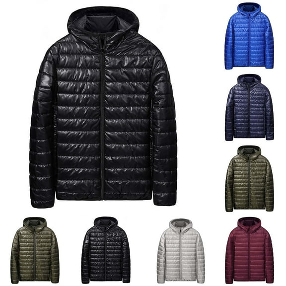 BiZtdJrK Men Puffer Jacket with Hood Full Zip Long Sleeve Cotton Coats Warm Quilted Jackets Solid Winter Outerwear Black M