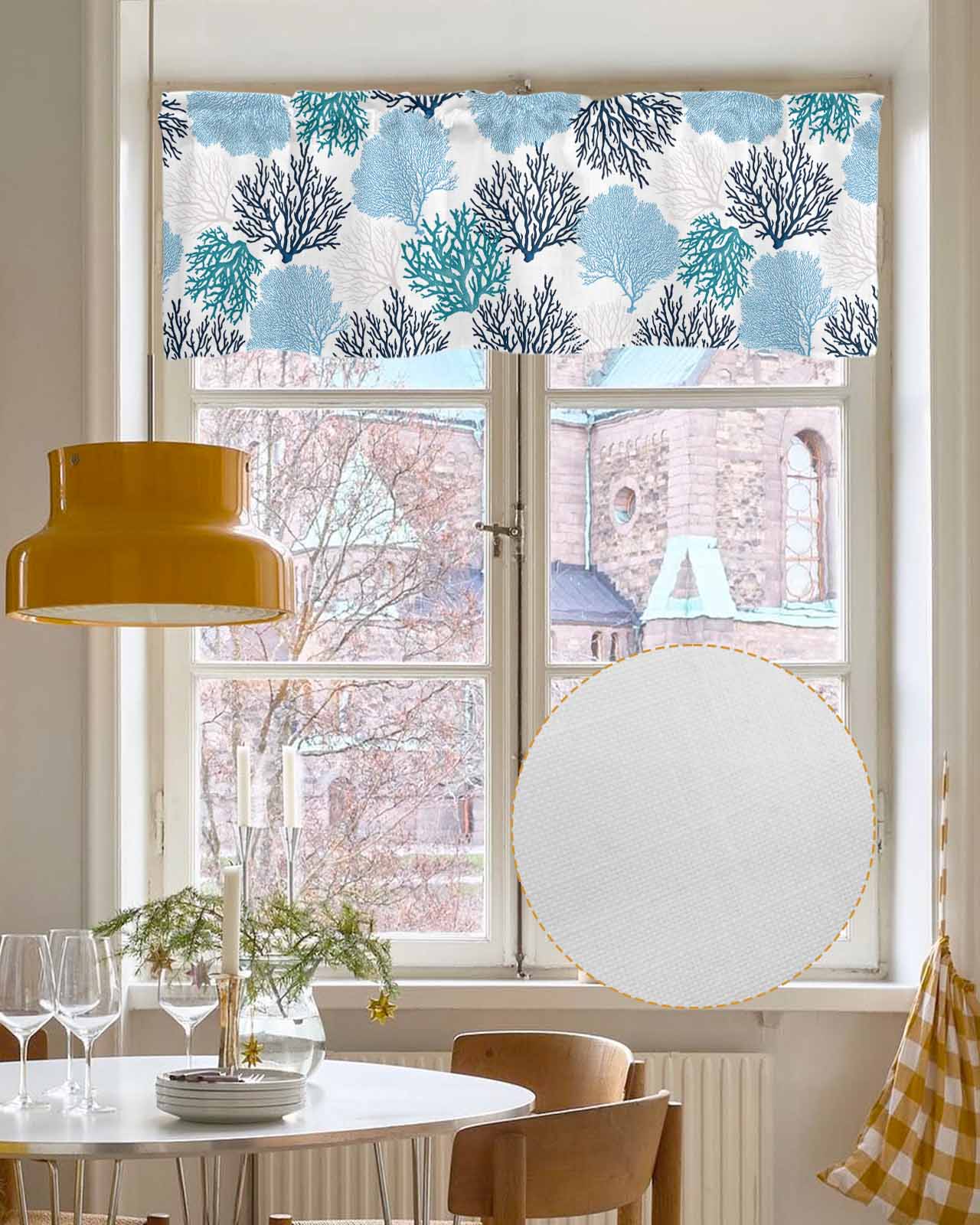 Navy Blue Coastal Kitchen Valances for Windows Farmhouse Linen Window Valance Curtain for Living Room Window Treatment Turquoise Coral Ocean Modern Sea Valance Rod Pocket Topper Drape, 42 x 12 Inch