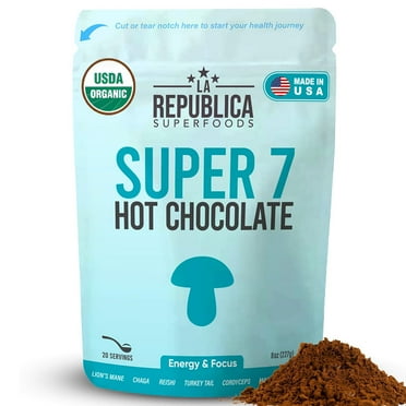 La República Hot Chocolate with 7 Organic Mushrooms, Reishi, Chaga, Lion's Mane & Ashwagandha, 8 oz (20 Servings)