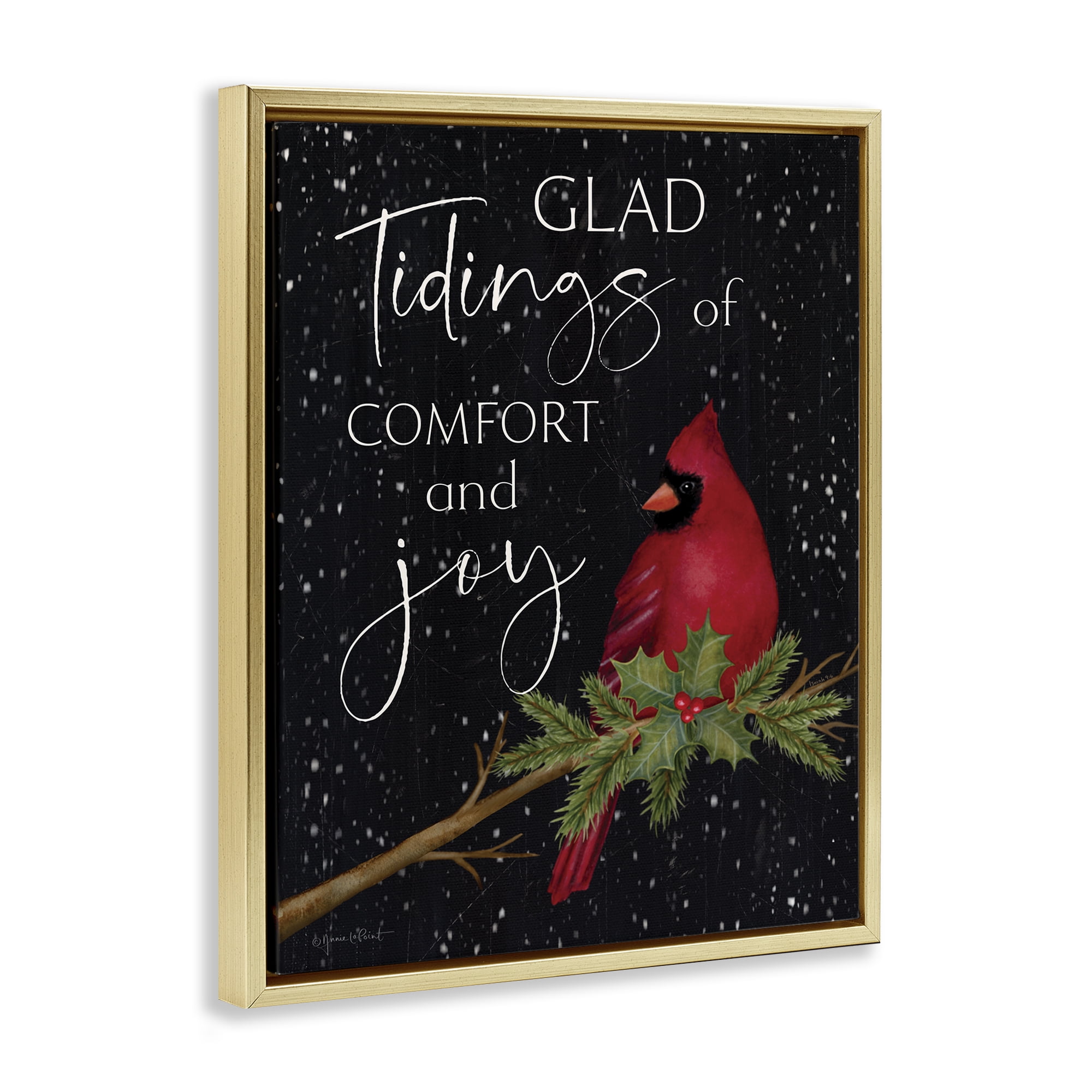 Stupell Industries Comfort & Joy Cardinal Holiday Painting Gold Floater Framed Canvas Art Prints Wall Art, 17 x 21