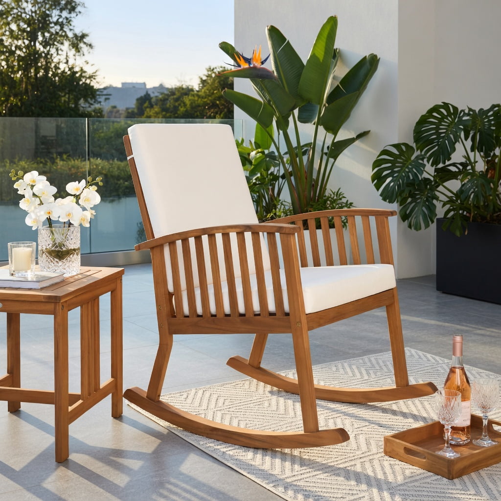 Hommoo 2-Piece Acacia Wood Rocking Chair & Side Table Set with Removable Cushions, Teak Outdoor Patio Furniture for Deck, Backyard, Balcony, and Indoor Living Room, Natural