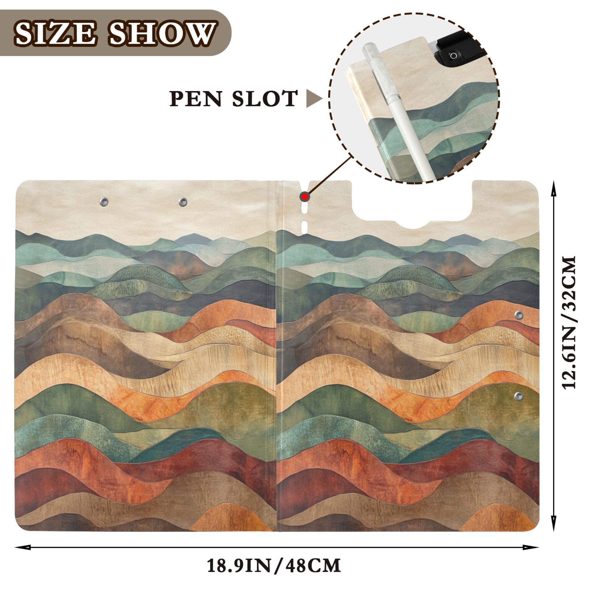 FORMRS A4 Clipboard Folder with Pen Holder Horizontal Foldable School Office Binder, Abstract Wavy Landscape