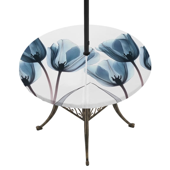 Navy Blue Tulip Round Outdoor Tablecloth with Umbrella Hole Zipper, Watercolor Farmhouse Floral Botanical Elastic Fitted Table Cover, Waterproof Table Cloth for Patio Picnic Party Fits 54"-60"