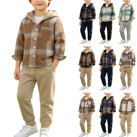 Stamzod Boys Sweatsuit Set 2 Piece Long Sleeve Flannel Plaid Shirt Hoodie and Jogger Pants Fall Winter 12 Month Boy Clothes Multicolor Y 110