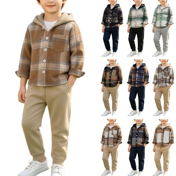 Stamzod Boys Sweatsuit Set 2 Piece Long Sleeve Flannel Plaid Shirt Hoodie and Jogger Pants Fall Winter 12 Month Boy Clothes Multicolor Y 70