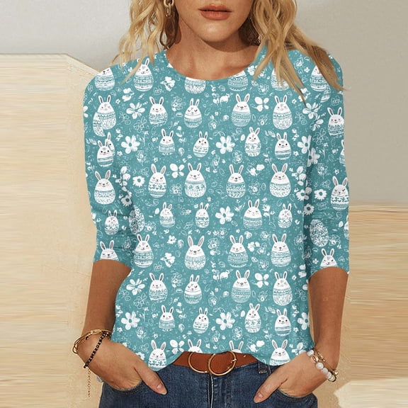 Royisotas Women's Easter Shirts Easter Bunny Printed T Shirts Funny Rabbit Easter Graphic Tee Happy Easter Holiday Top