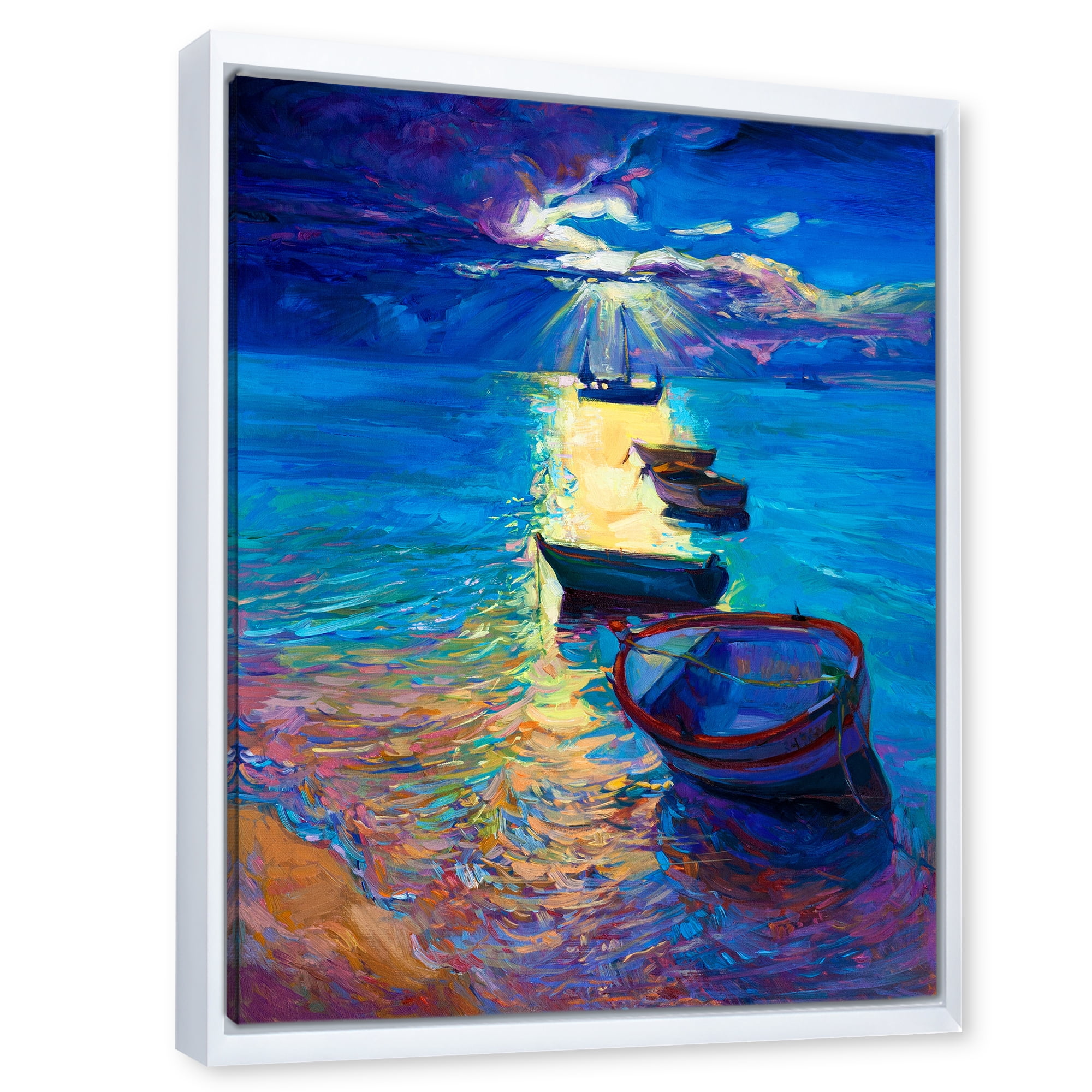 Designart 'Fishing Boats On The Water With Dark Blue Sky Illustration' Lake House Framed Canvas Wall Art Print
