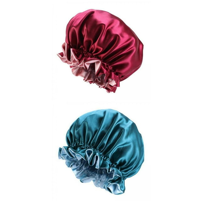 Milaget 2pc Satin Bonnet Sleep Bonnet Cap Double Layer Sleeping Hair Bonnet blue