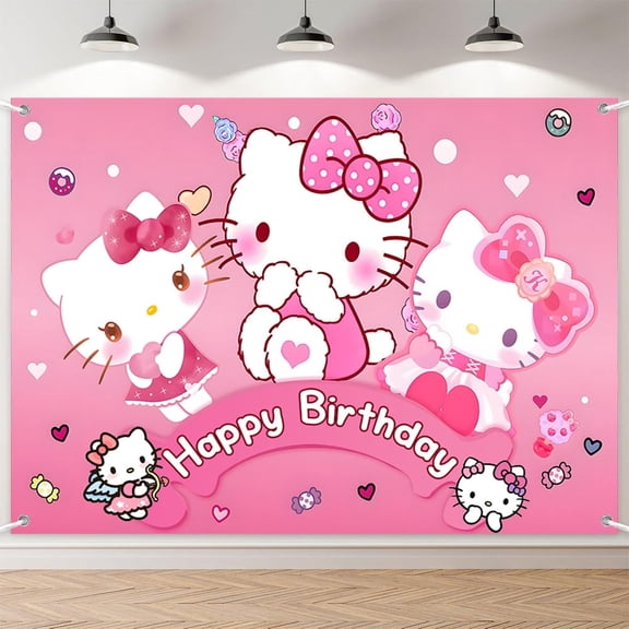 7x5ft Pink Cute Cat Sweets Doughnut Birthday Backdrop for Girl