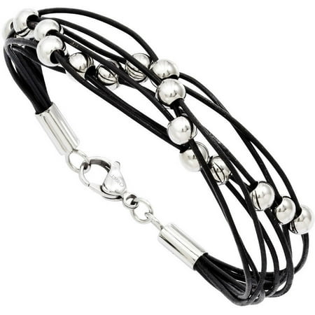Primal Steel Stainless Steel Black Leather with Beads Bracelet, 8