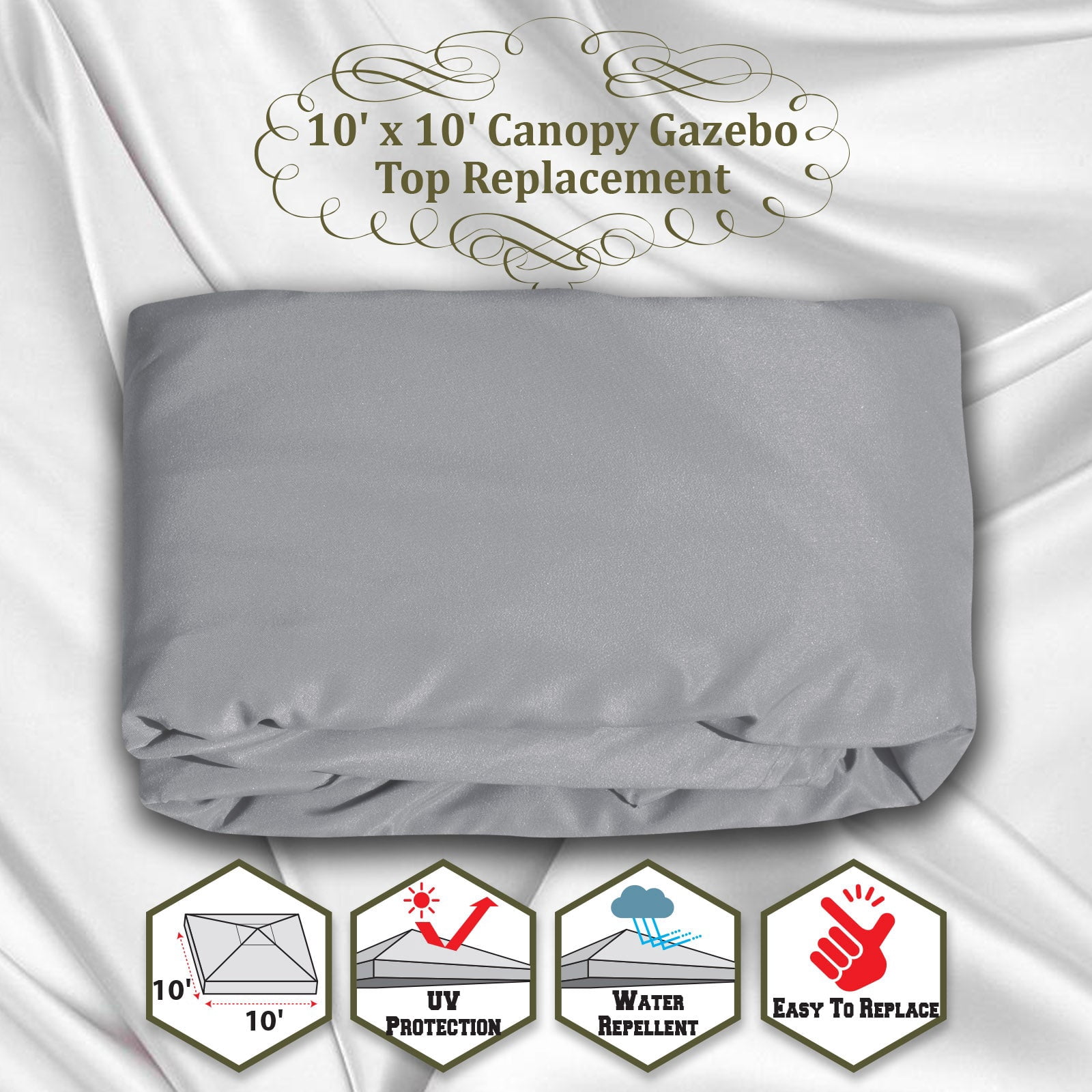 SUNRISEUMBRELLA 119“”x119” Gazebo Replacement Canopy Top Single Tier Canopy Top Cover(GREY)