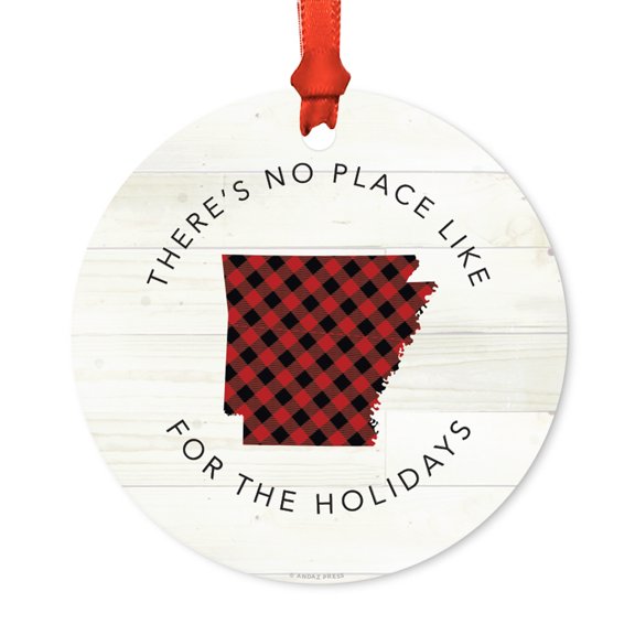 US State Round Metal Christmas Ornament, Red Plaid on Light Rustic Wood, Arkansas, Includes Ribbon and Gift Bag