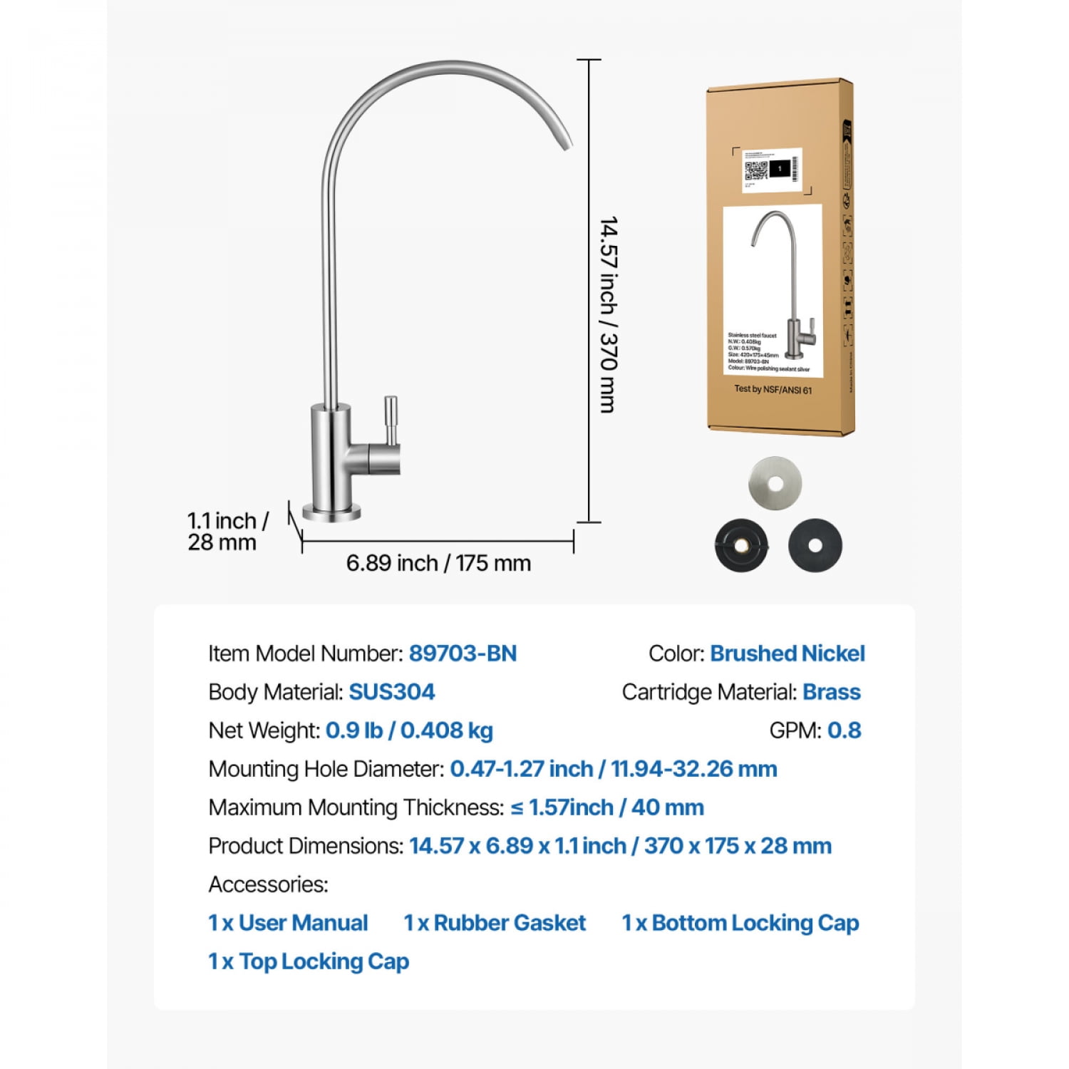 FENGFAN Lead-Free Stainless Steel RO Water Faucet Brushed Nickel for Kitchen Sink Cafe, 1 Pack