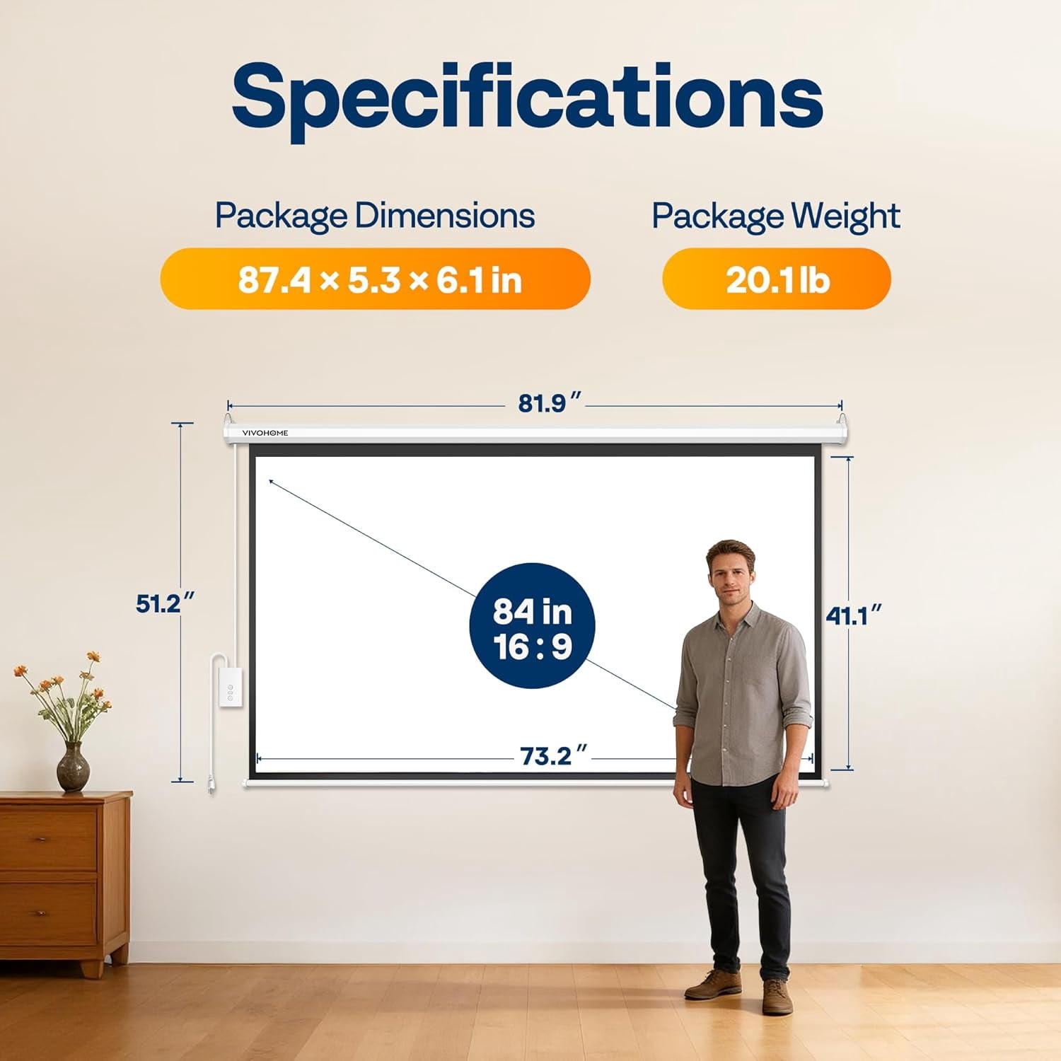 SPECSTAR Motorized Projector Screen with Remote, 16:9 84 Inch Auto Electric Projection Screen, HD 4K Movie Screen for Home Theater, Cinema, Office (73 x 41 White)