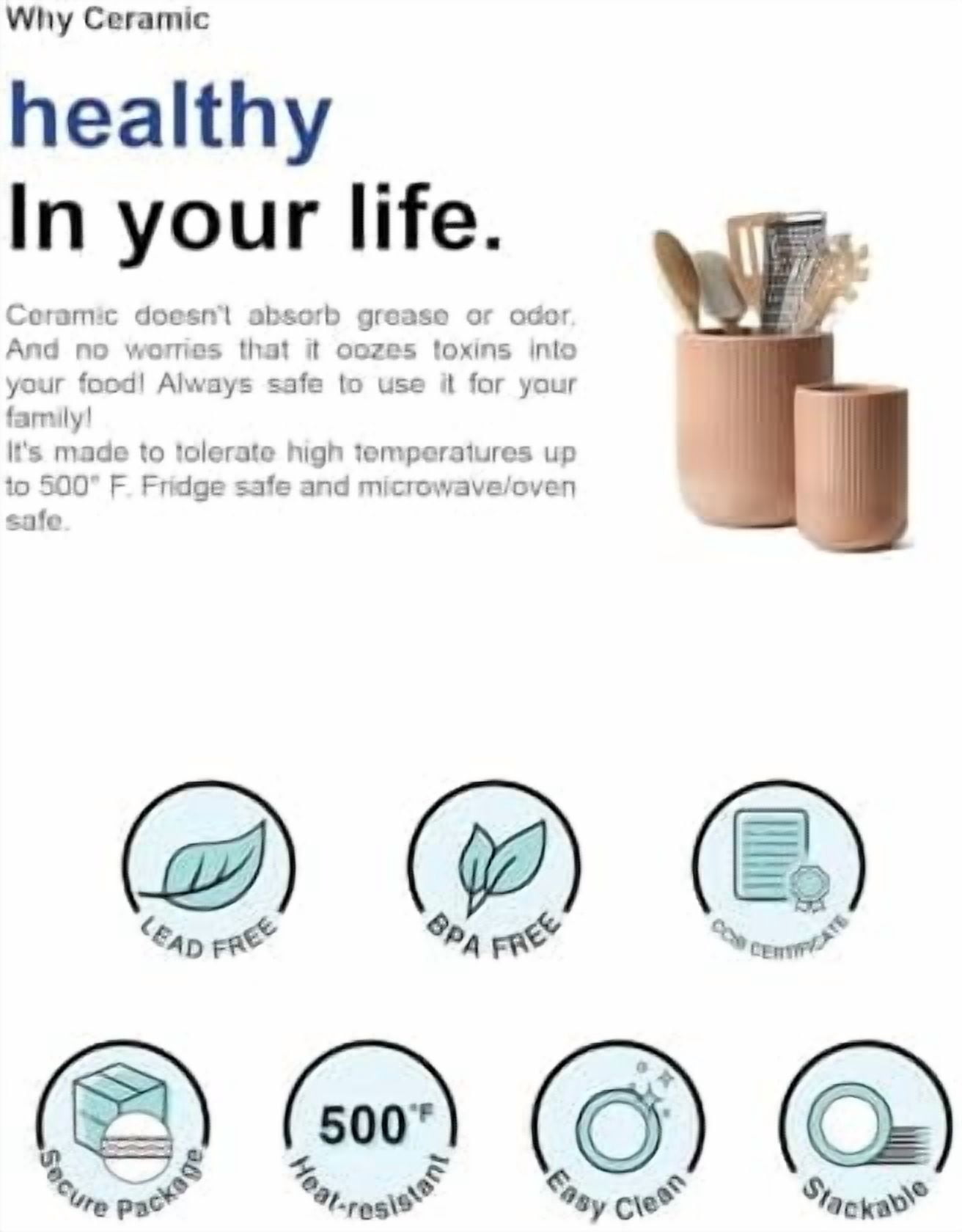 Utensil Holder for Kitchen Counter, 7.3"+5.4" Fluted Ceramic Utensil Crock Organizer for Countertop, Heavy Large Holder for Spatulas, Spoons, Set of 2, Dusty Coral