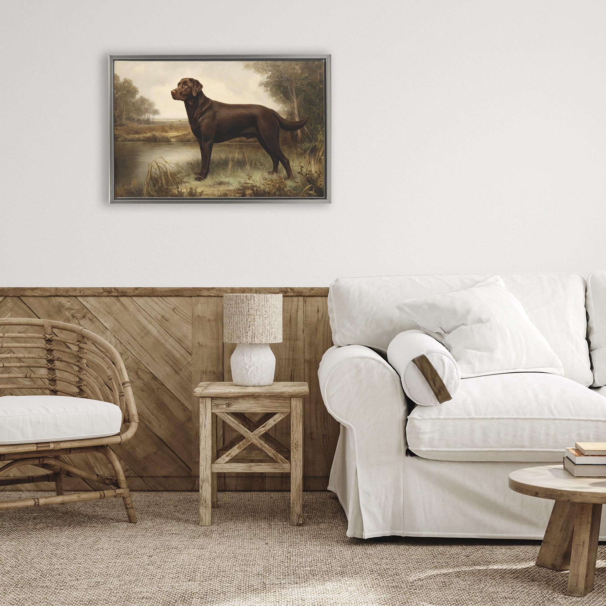 Stupell Industries Brown Lab By The River Gray Framed Floater Canvas Wall Art, design by Petal Prints Design