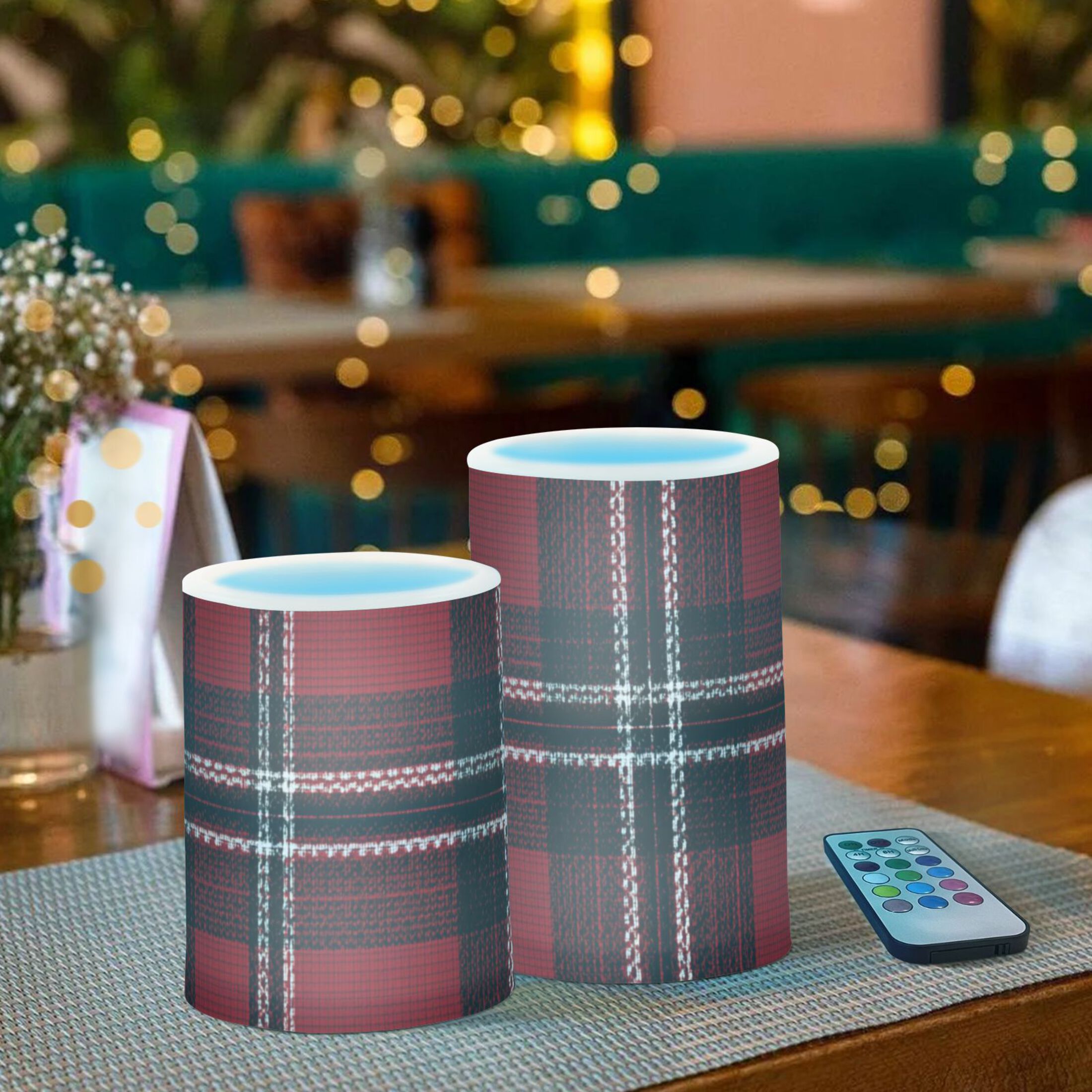 Red Black Tartan Plaids Fabric Texture Flickering Flameless Candles LED Tealight Battery Operated with Remote Set of 2 Holiday Decor Ornaments