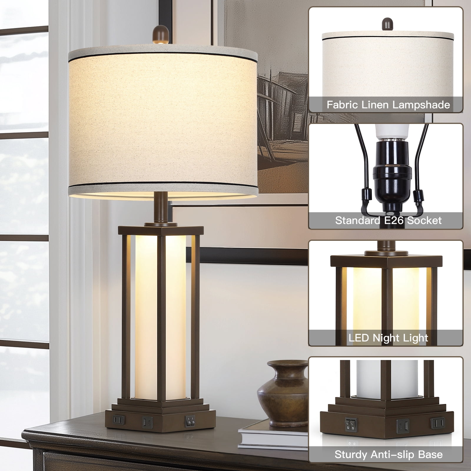 Lolikit Rustic Table Lamp Set of 2 Beside Lamps Nightstand Lamp for Living Room Bedroom Office