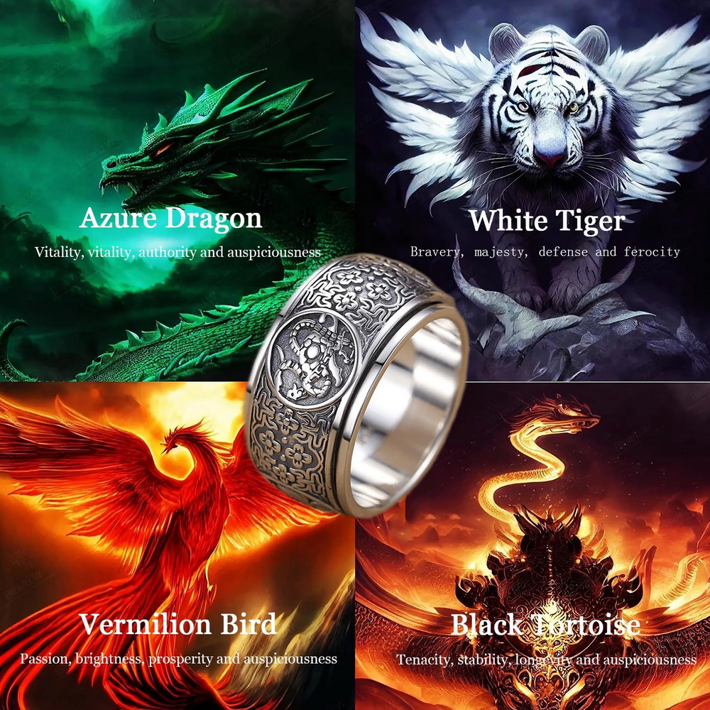 Vintage Chinese Tibetan Silver Ring - 20mm With 12 Zodiac Dragon & Tiger Design