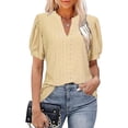 thumbnail image 1 of Blusa de manga abullonada con cuello en V, color puro hueco, ajustada, blusa casual de manga corta para mujer, amarillo, M, 1 of 5