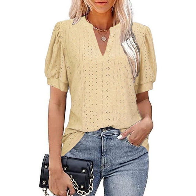 Blusa de manga abullonada con cuello en V, color puro hueco, ajustada, blusa casual de manga corta para mujer, amarillo, M