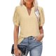 thumbnail image 1 of Blusa de manga abombada con cuello en V, Color puro, ajustada, informal, de manga corta, para mujer, amarillo, XXL, 1 of 5