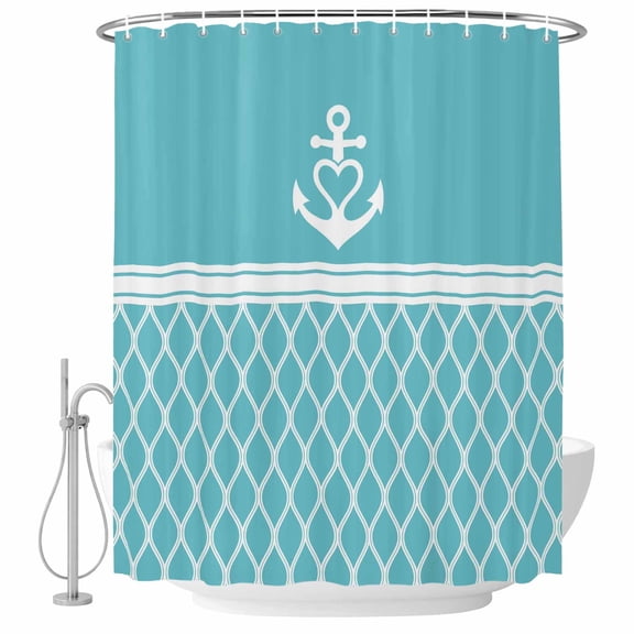 Polyester Fabric Blue Morocco Shower Curtain, Modern Geometric Nautical Anchor Stripe Waterproof Bathtub Curtain Bathroom Decor Set with Hooks 72 x 84 Inches