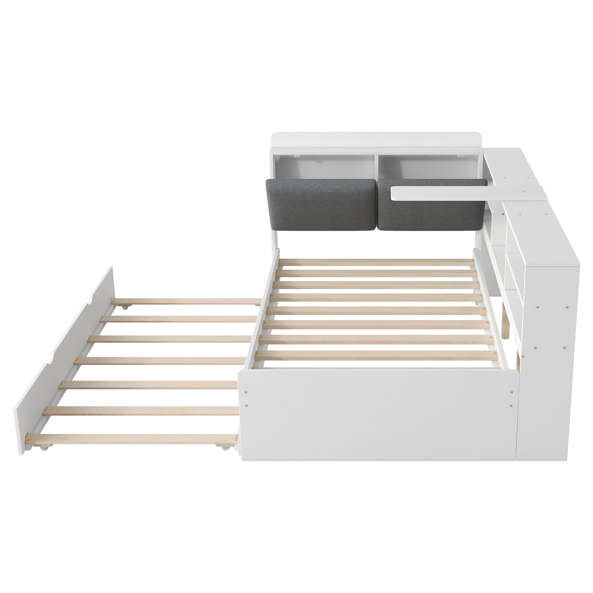 Euroco Wood Twin Size Daybed with Trundle, Low Profile Storage Bed with Shelves and Table, White