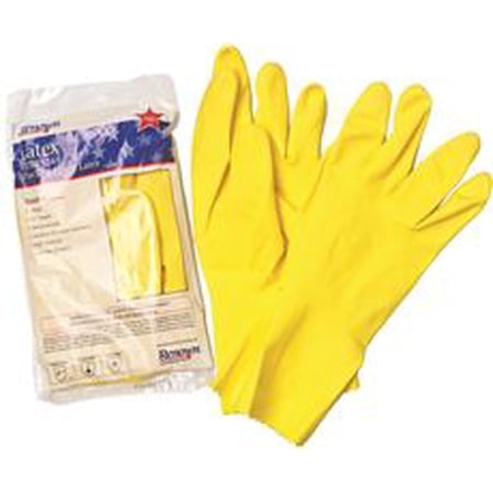 RENOWN FLOCK-LINED LATEX GLOVES, LARGE, YELLOW, 18 MIL, 12 PAIRS PER PACKAGE