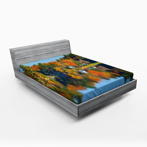 Ambesonne Landscape Fitted Sheet, Lake House in Autumn, Full Size, Multicolor