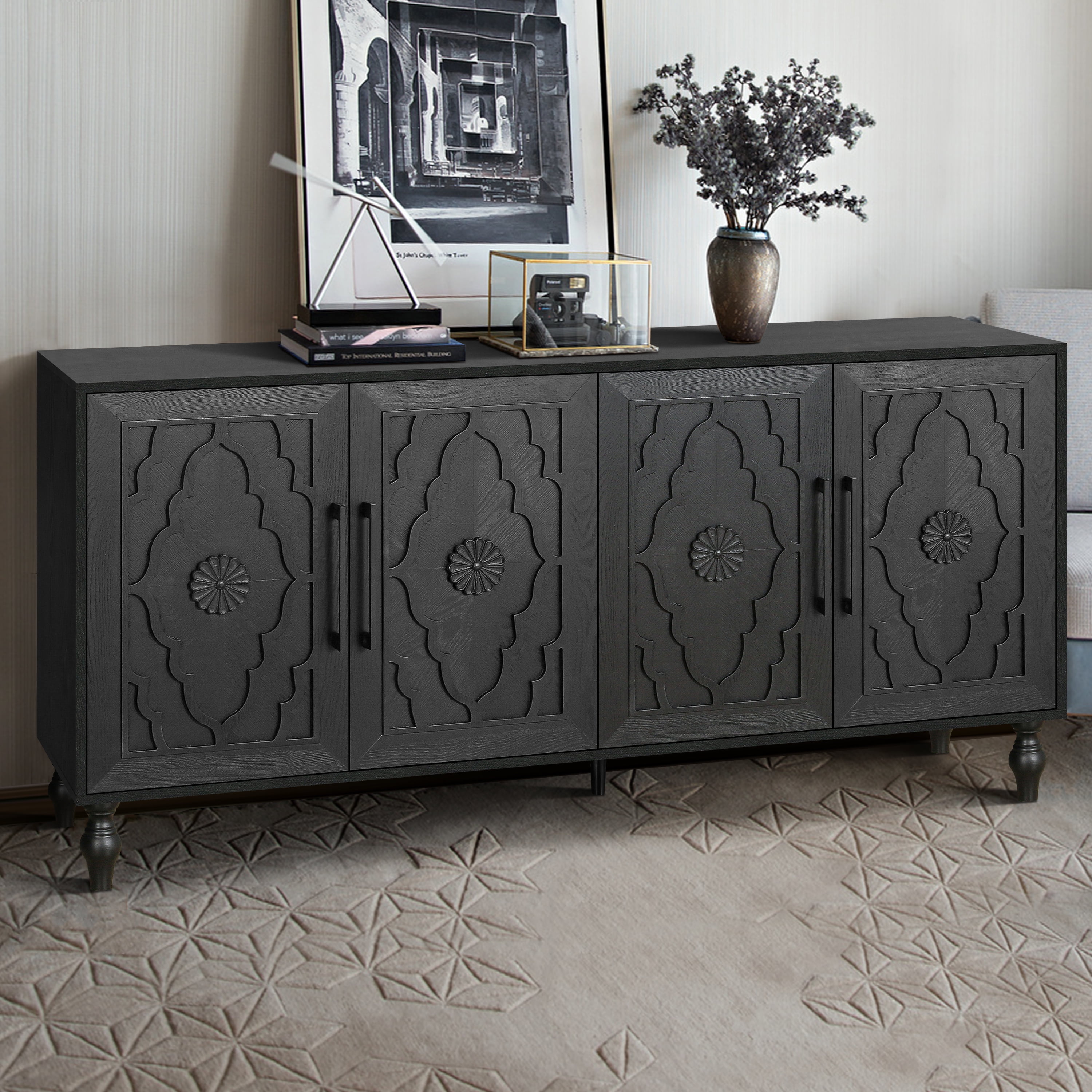 Aukfa 63" Large Accent Storage Cabinet TV Stand with Carved Door for Living Room,Entryway,Black