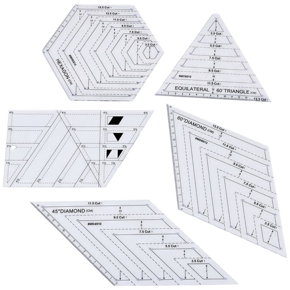 5 Pcs Quilting Rulers Set, Acrylic Patchwork Ruler with Clear Scale, Multi-Angle Cutting, Diamond, Hexagon, Triangle Shape Template, DIY Sewing Tools, 10.8 oz / 305 g