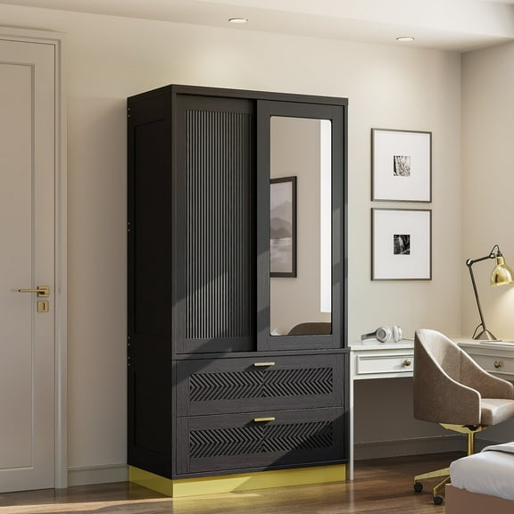 ANCTOR 71" Wardrobe Closet with Hanging Rod for Adult, Modern Black Armoire with Sliding Doors Drawers, Space Saving Closet for Bedroom, Apartment