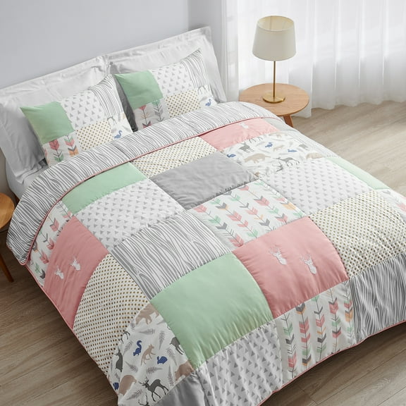 Sweet Jojo Designs Woodsy Pink Green and Grey Full/Queen Bed Comforter 3 Piece Bedding Set - 3 Piece
