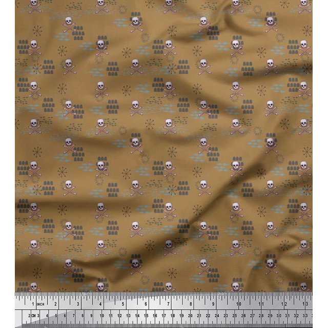 Soimoi Brown Georgette Viscose Fabric Crossbone & Skull Halloween Decor Fabric Printed Yard 42 Inch Wide
