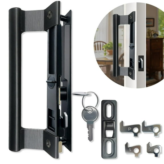Sliding Glass Door Handle Set with Lock, Patio Sliding Door Handle Fits for 1 to 1-1/8 Door Thickness, 6-5/8" Screw Hole Spacing (Black)